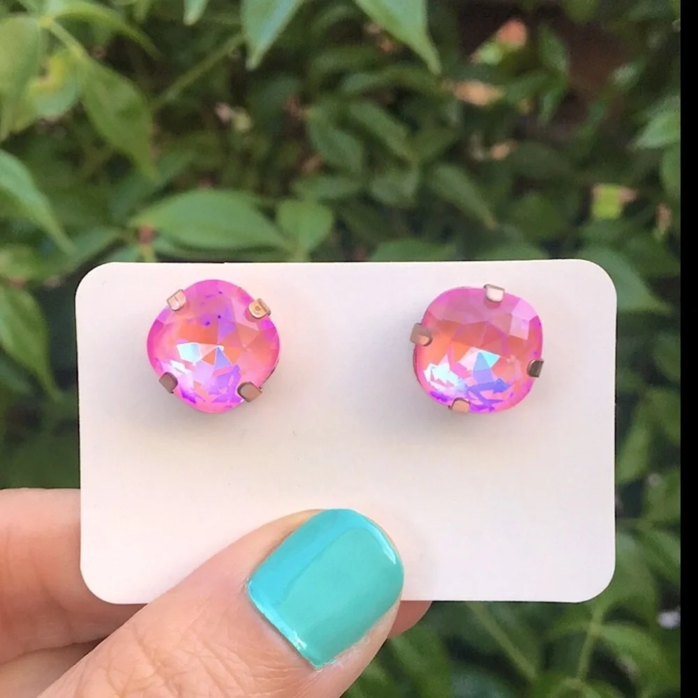 Pink Aurora Borealis Cushion Cut + Rose Gold Crystal Earrings